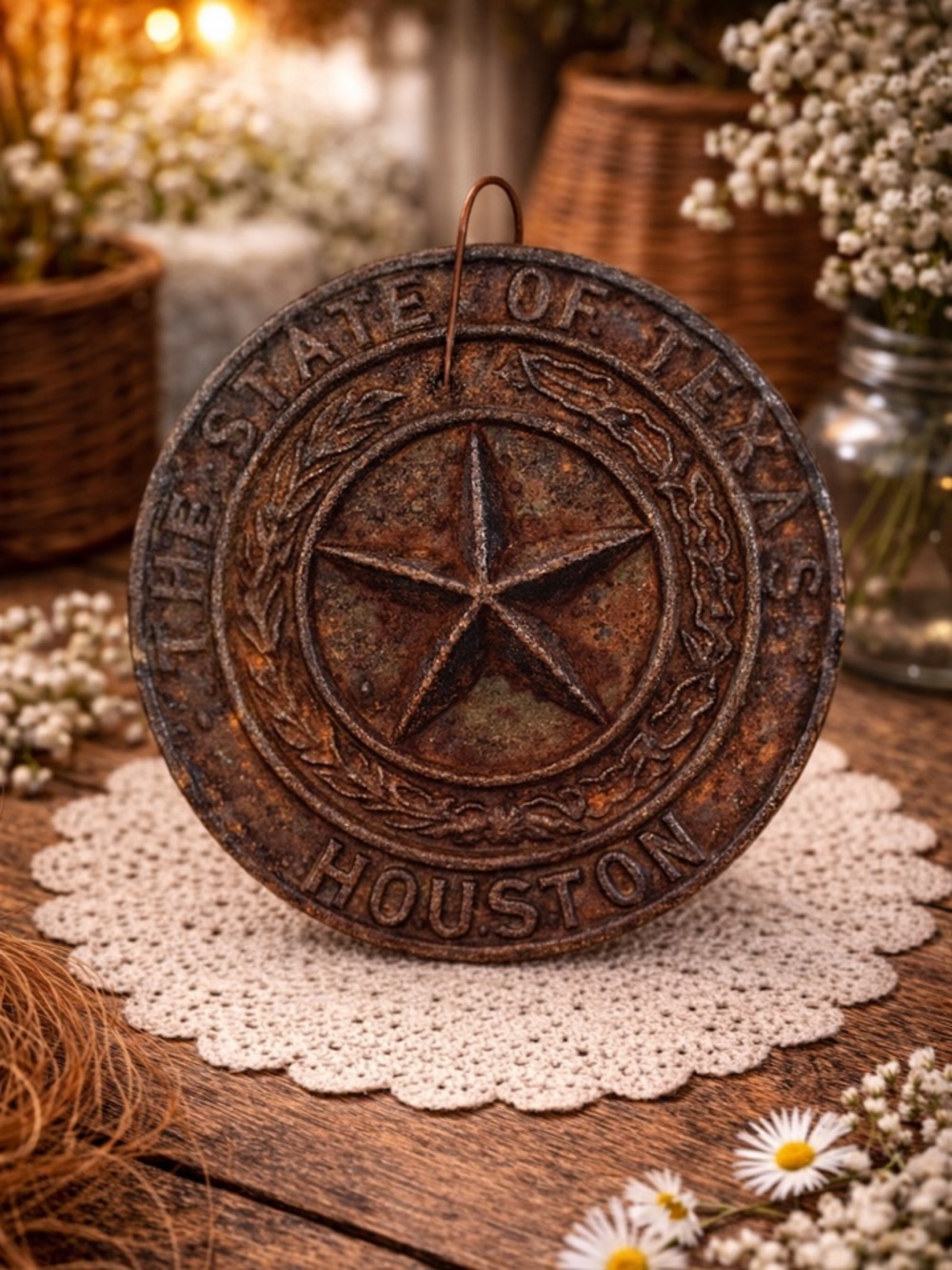 Vintage Cast Iron Texas State‎ Houston Seal Plaque